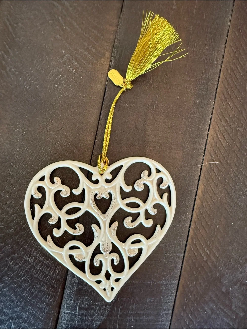 Lenox Cream and Gold Filigree Heart Ornament with Gold Tassel